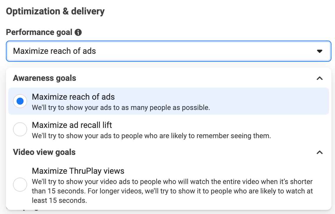 Link Clicks, Impressions, and Post Engagement options removed, leaving only Reach, Ad Recall Lift, and ThruPlay.